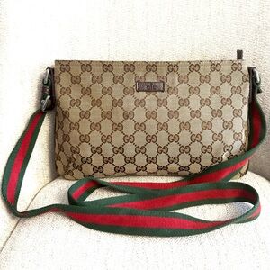 Authentic Gucci brown monogram canvas crossbody bag ribbon adjustable strap